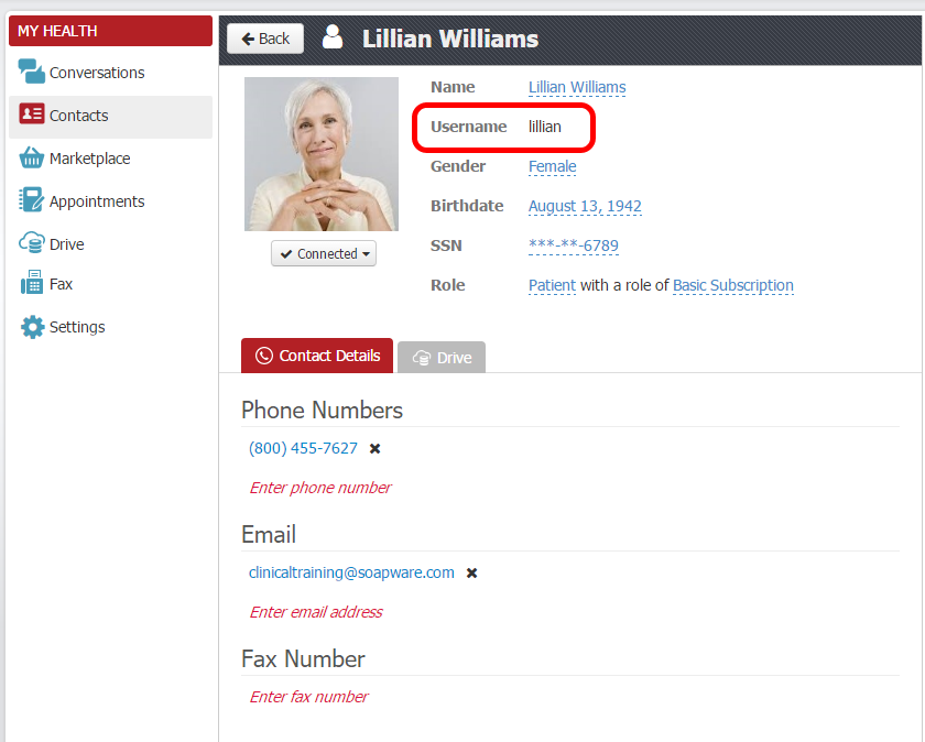 Display a Contacts myHEALTHware Username