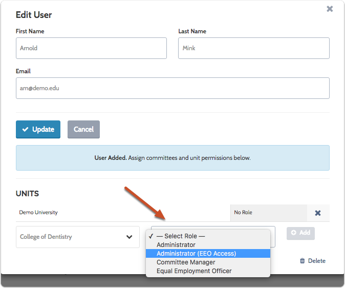 Select a role for the user and click "Add"