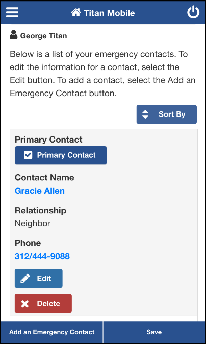 Emergency contact screen