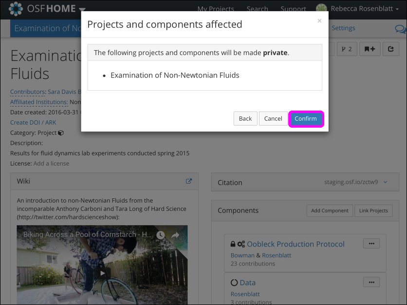 The "Projects and components affected" Modal