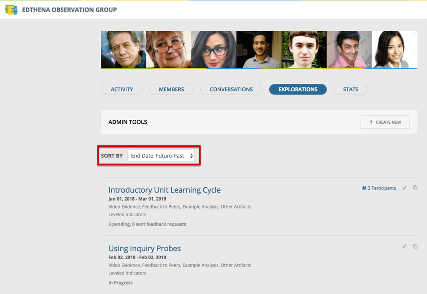 Click the "Sort by" bar to toggle the Explorations