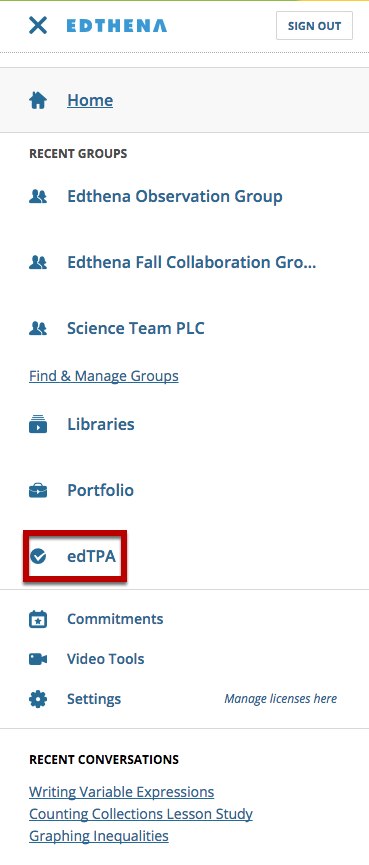 To access edTPA assessments, click "edTPA" from among the menu of navigation options