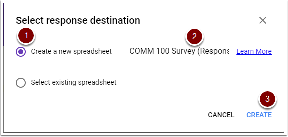 Google Forms response destination window