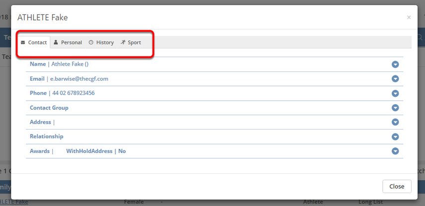 Test Managers view when logged in and viewing an athletes record