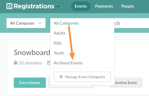 Events page with Unarchive option