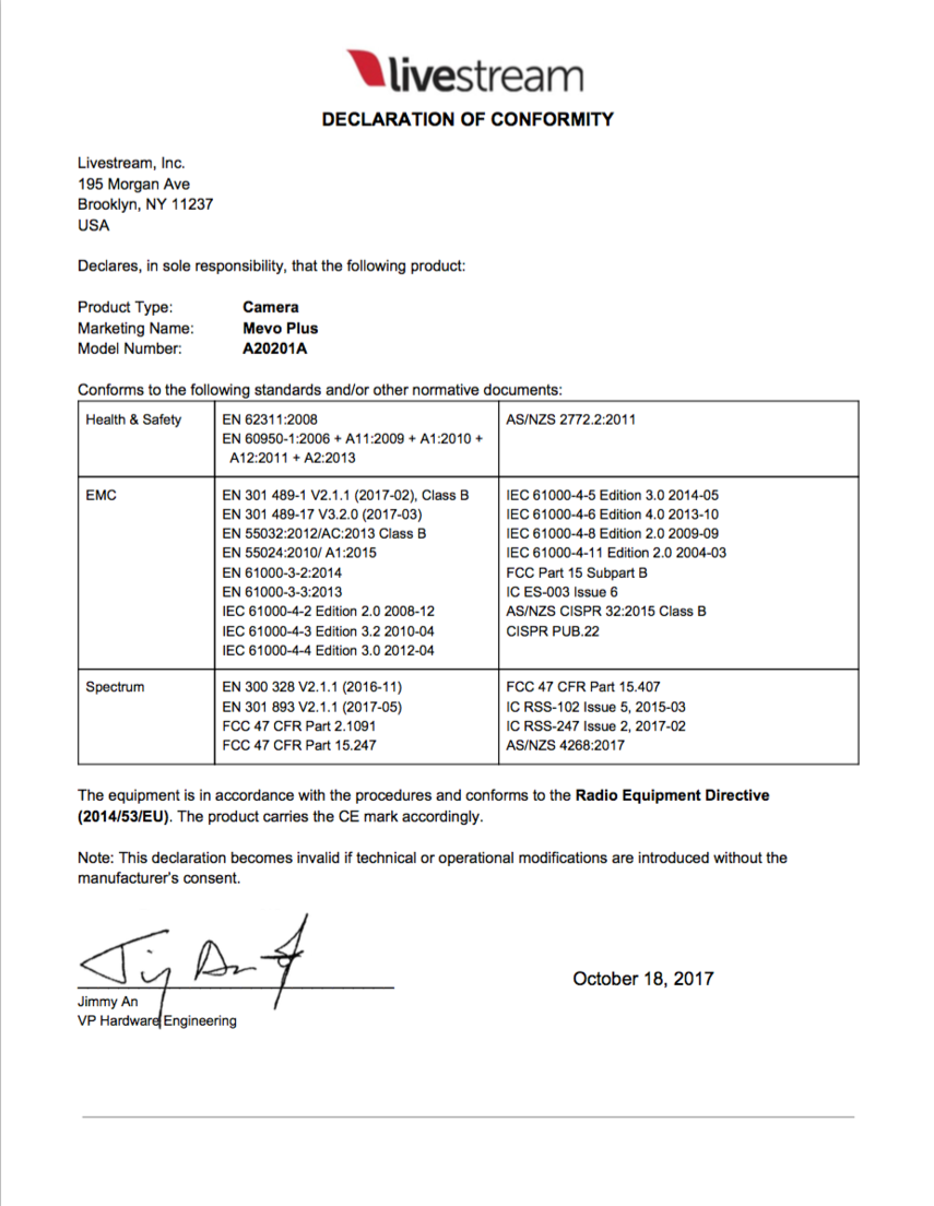 Declaration of Conformity Mevo Plus Mevo Camera