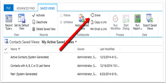 To share your advanced find with others, open your Saved Views and click Share in the top ribbon tool bar.