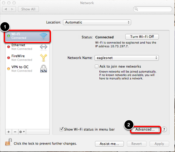 Navigating to Advanced Wifi options