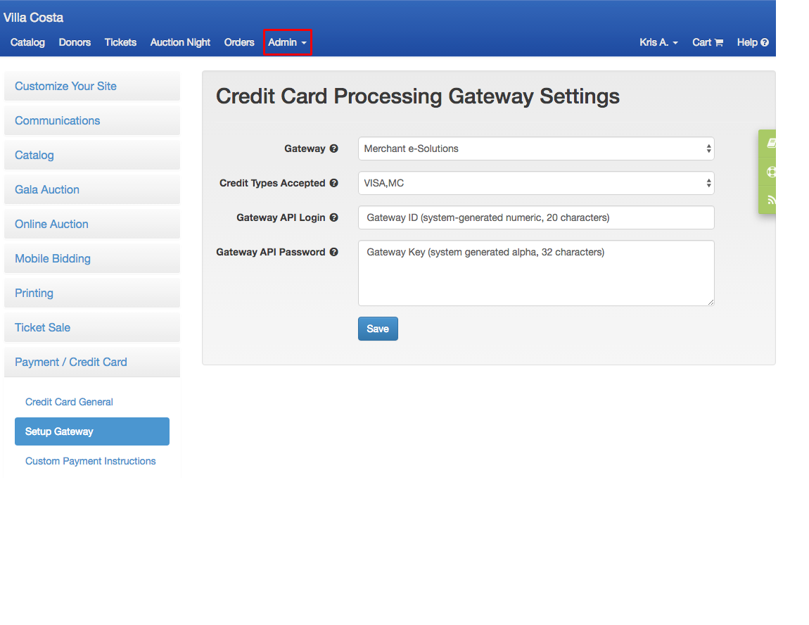 Merchant eSolutions Setup Auction Help Home