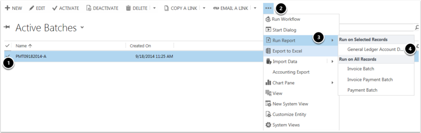 Select the batches you plan to export and run the General Ledger Account Distribution Report from the more commands option button.