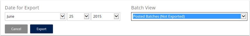 Select the date that should be on your accounting export file and select the view you want to export from. Usually this is Posted Batches (Not Exported). Click Export.