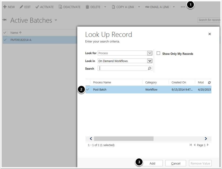Click Run Workflow in the more commands button and click Add in the pop up window to post the batches. 