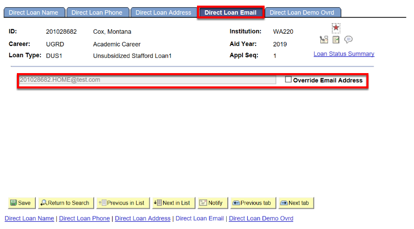 direct loan email tab