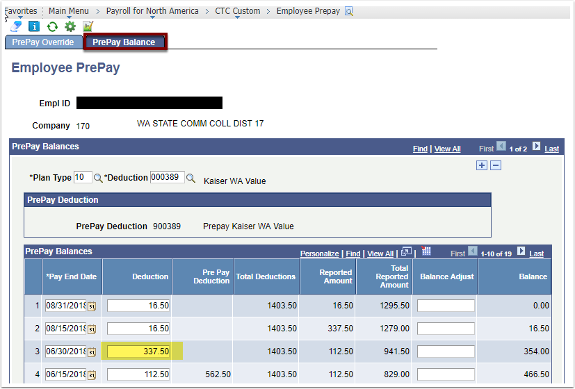 PrePay Balance tab