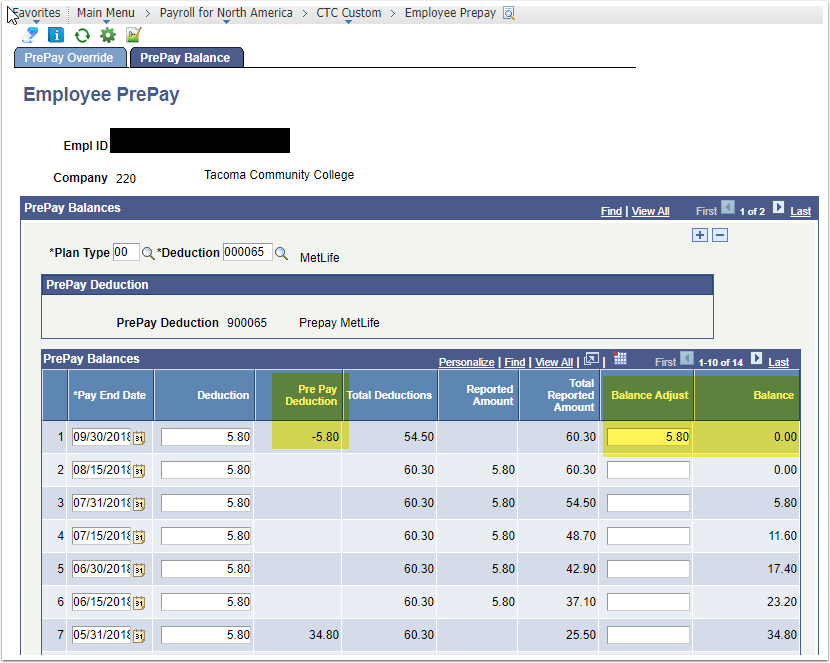 PrePay Balance tab, Employee PrePay page