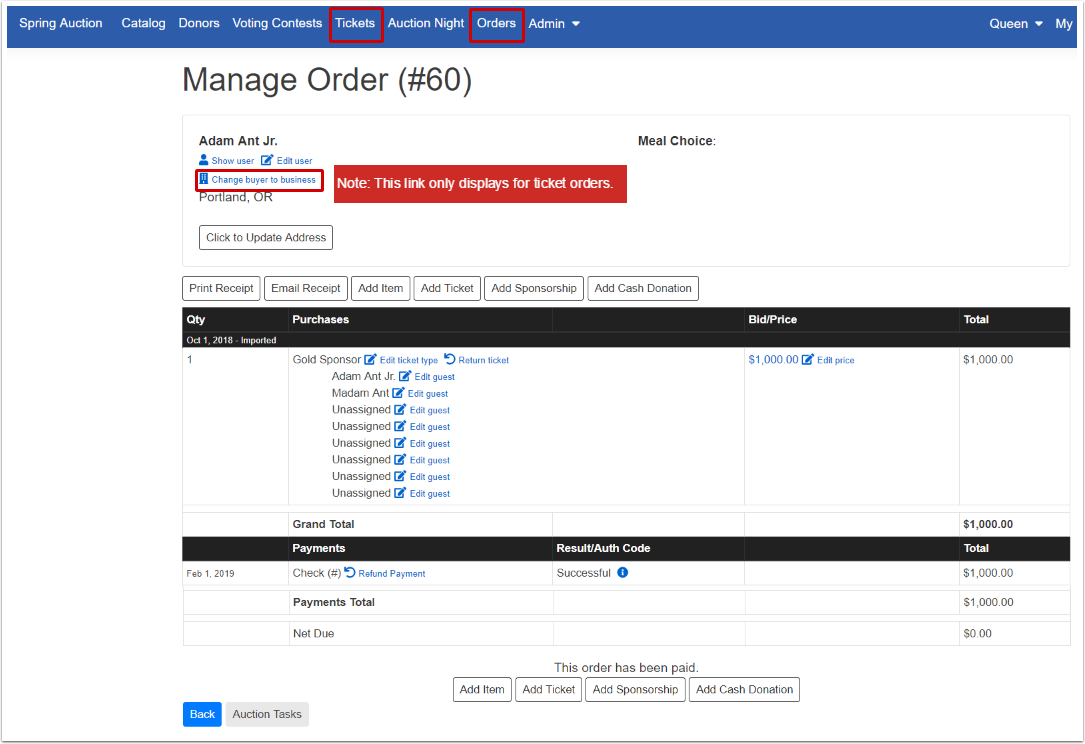 Changing Ticket Buyer to a Business Auction Help Home