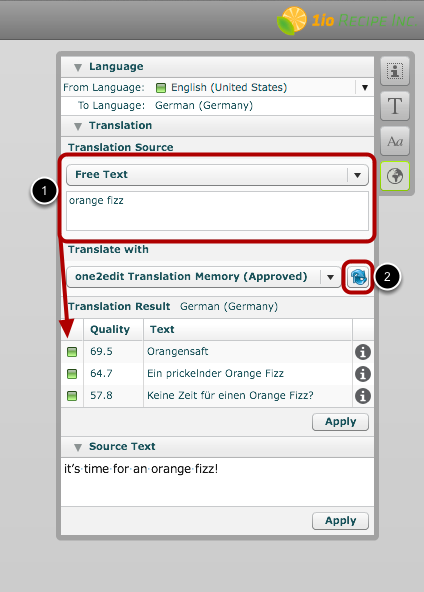 Accessing the TM via the 'Translation' panel – Support