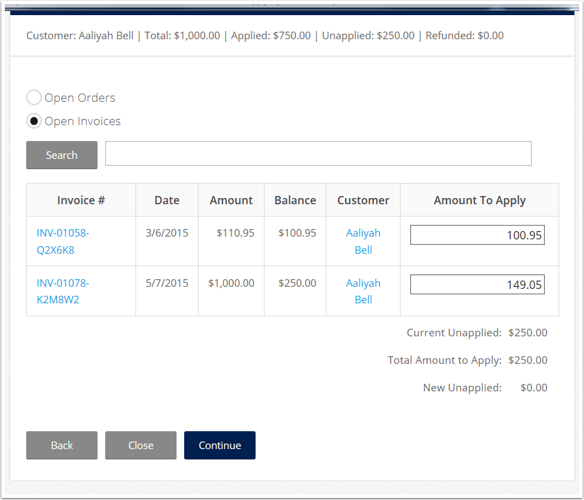 Enter the amount you want to apply to the Order/Invoice.