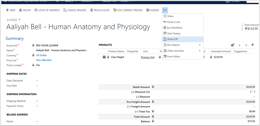 Open the invoice you want to run the Write-off Wizard for and select the wizard in the More Options button. 