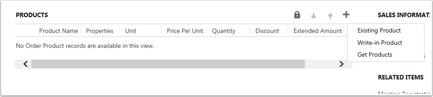 In the center of the form click the + sign on the products menu and select a type of product to add. 