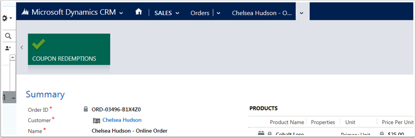 Open the order for the contact or account and use the menu tiles to navigate to Coupon Redemptions