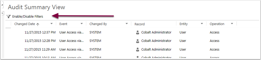 You can filter the results, by date, Event, User (Changed By), and Entity.