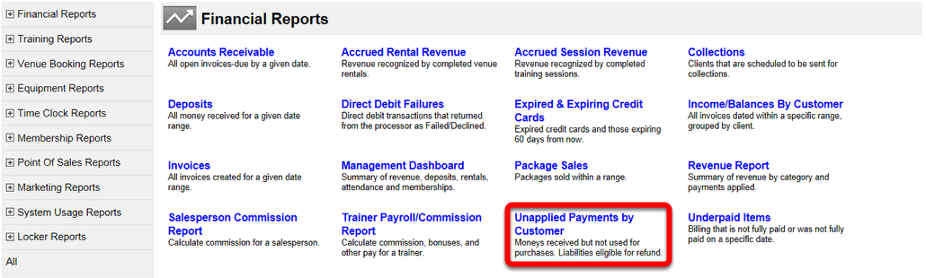 Unapplied Payments By Customer EZFacility