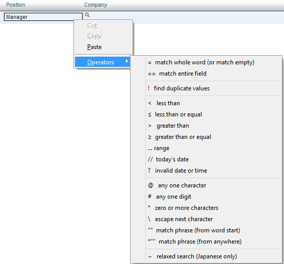 Search operators used in HRS Pro