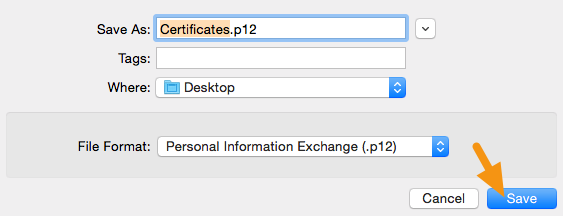 In the window that appears, make sure the File Format is set to "Personal Information Exchange (.p12)" and click on "Save" to save it to your machine.