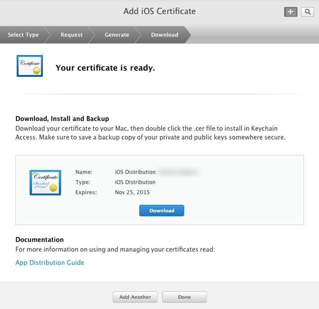 Click on the "Download" button to download a .cer file to your machine and then click "Done."