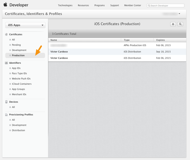 Go to Certificates > Production and click on the "+" button to add a new certificate.