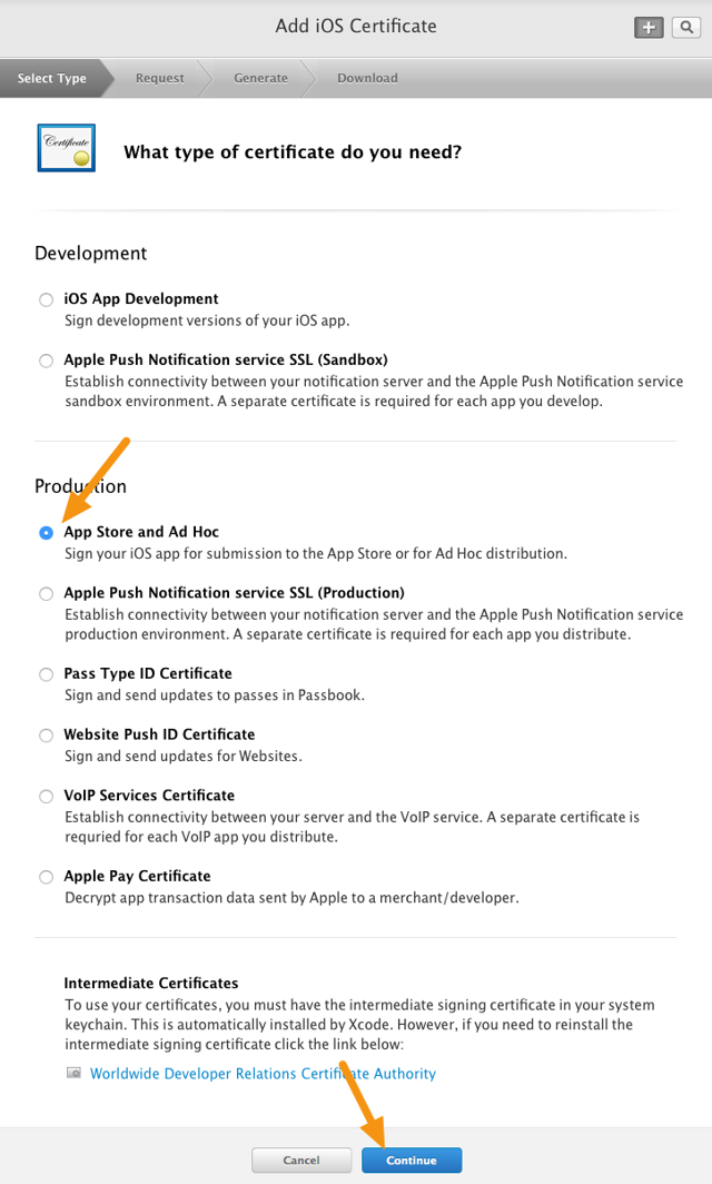 Select "App Store and Ad Hoc" from the Production options and click "Continue."