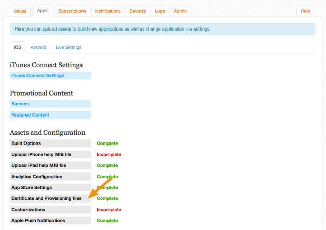 Login to the Mag+ Publish portal <https://publish.magplus.com> and go to Apps > iOS > Certificate and Provisioning Files.