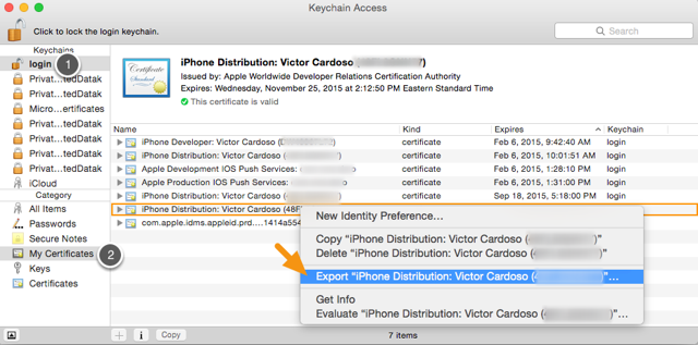 In Keychain Access, select the certificate entry and right-click on it to select "Export."