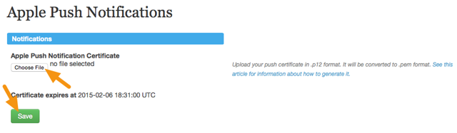 Delete the existing Push Notification Certificate, upload the .p12 version of your new Apple Push Notification Certificate you created above, and then click "Save."