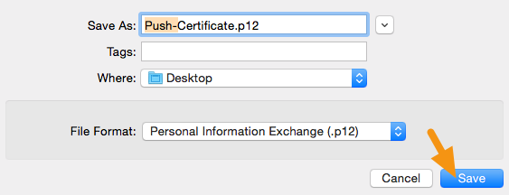 In the window that appears, add "Push-" to the file name, make sure the File Format is set to "Personal Information Exchange (.p12)" and click on "Save" to save it to your machine.