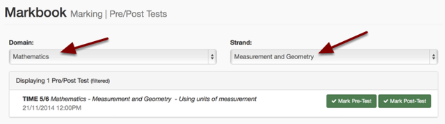 Here I have filtered down to see only Pre and Post Tests in the Domain of Math and the Strand of Measurement and Geometry
