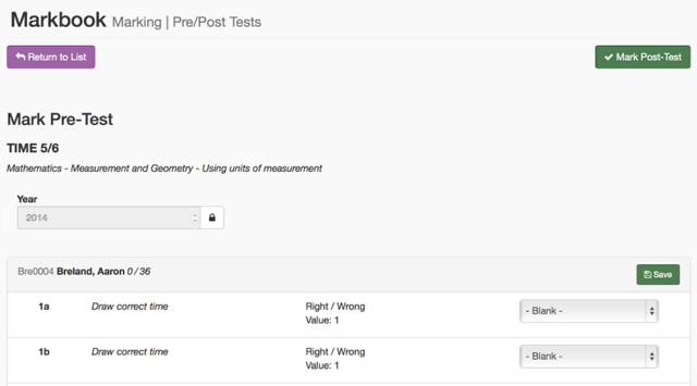 Marking an Individual Student's Pre/Post Test: