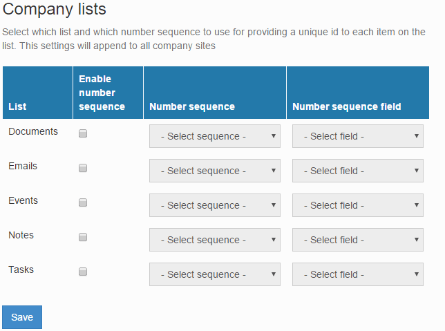 Enable and configure the number sequence for business module lists