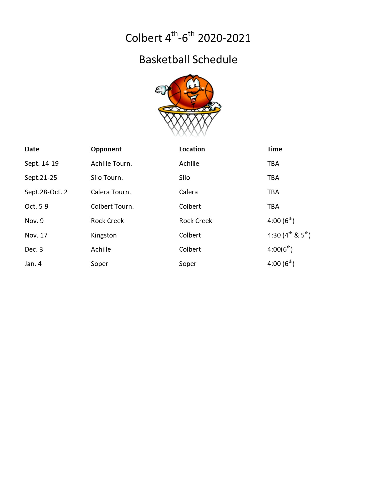 Colbert Public Schools Game Schedules