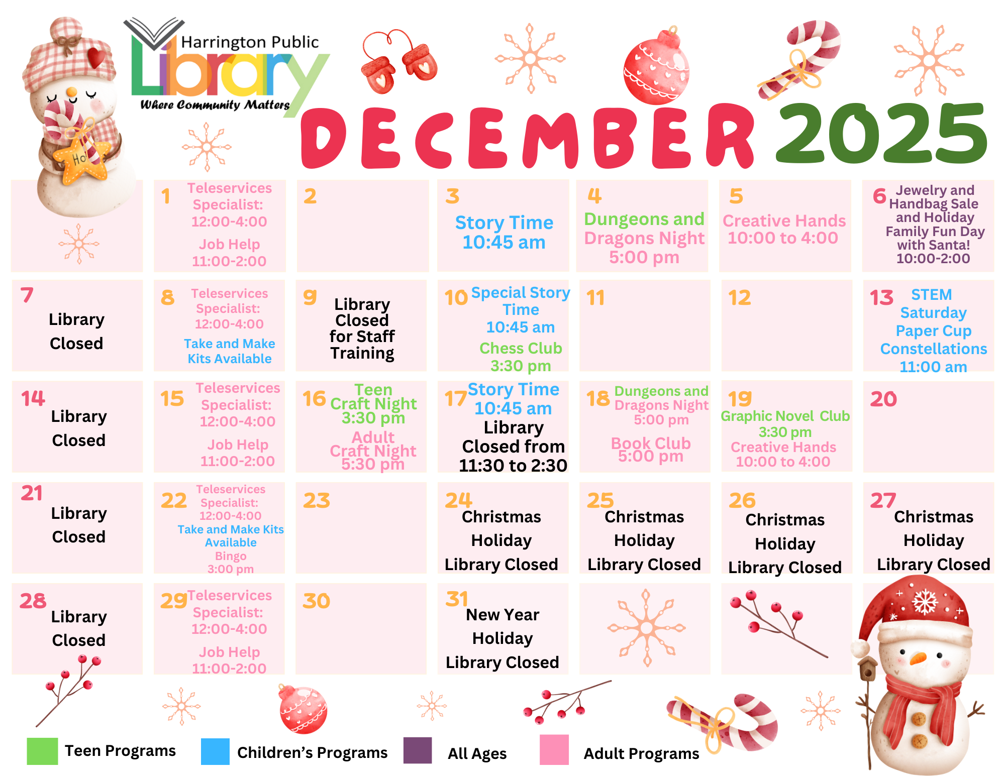 December 2025 calendar from the Harrington Public Library, featuring holiday events.