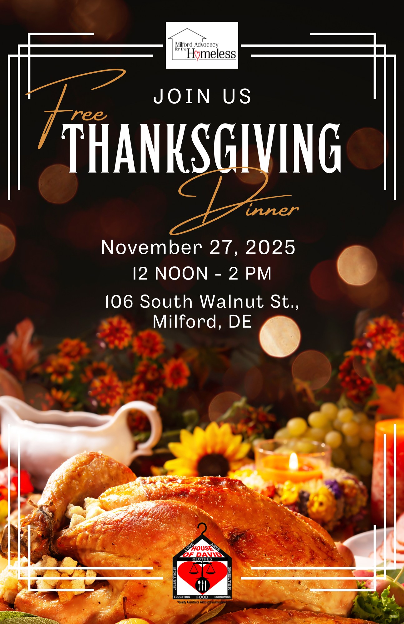 Thanksgiving dinner invitation with a festive table setting and text.