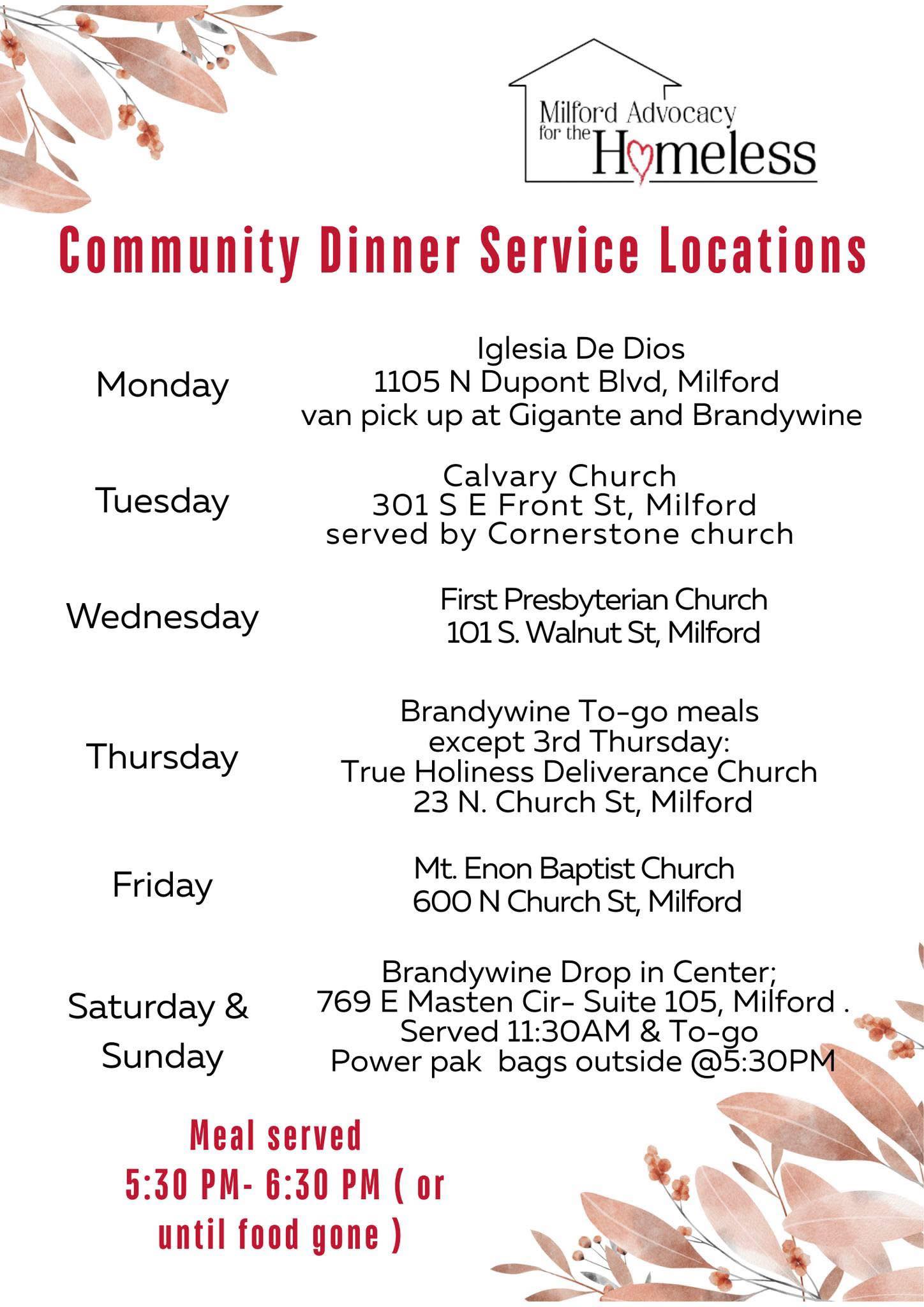A flyer lists community dinner service locations and times for the homeless.