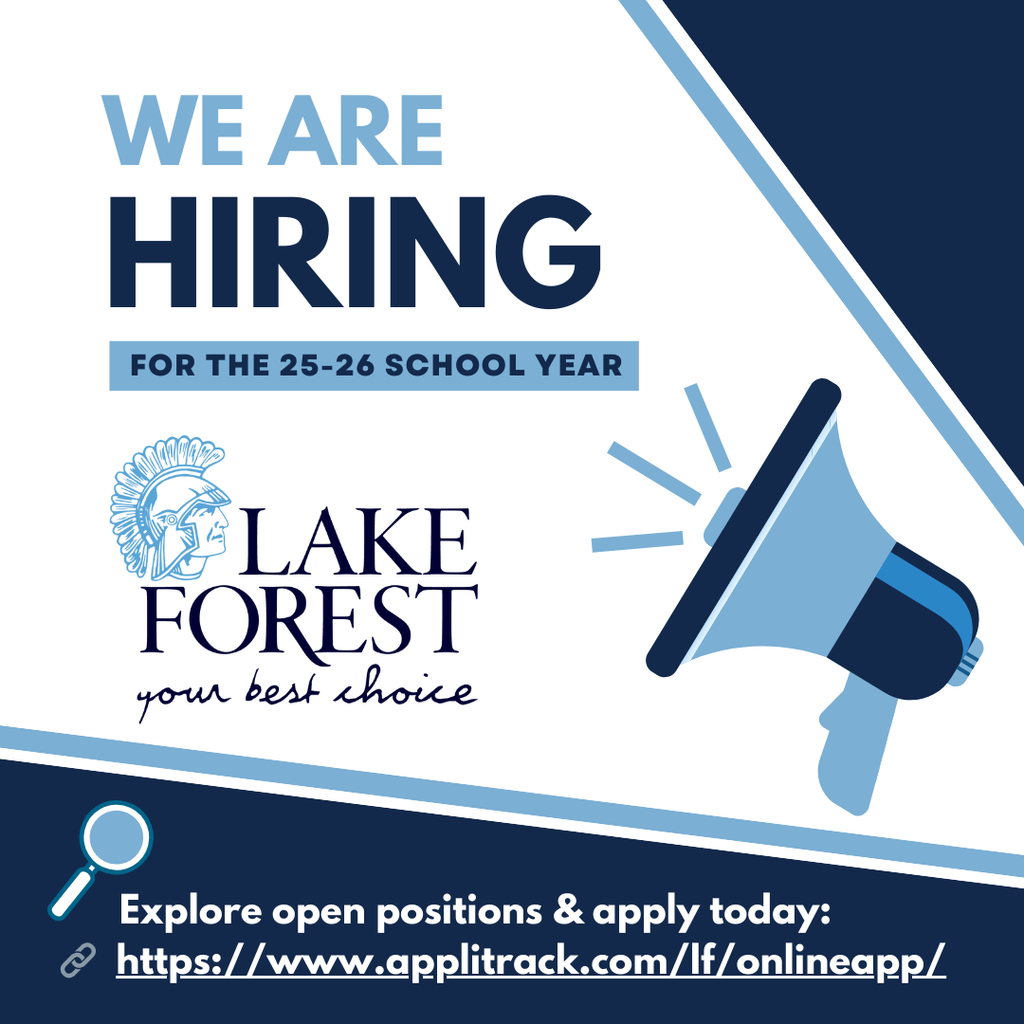 A recruitment advertisement for Lake Forest, with the text 'We Are Hiring' prominently displayed.