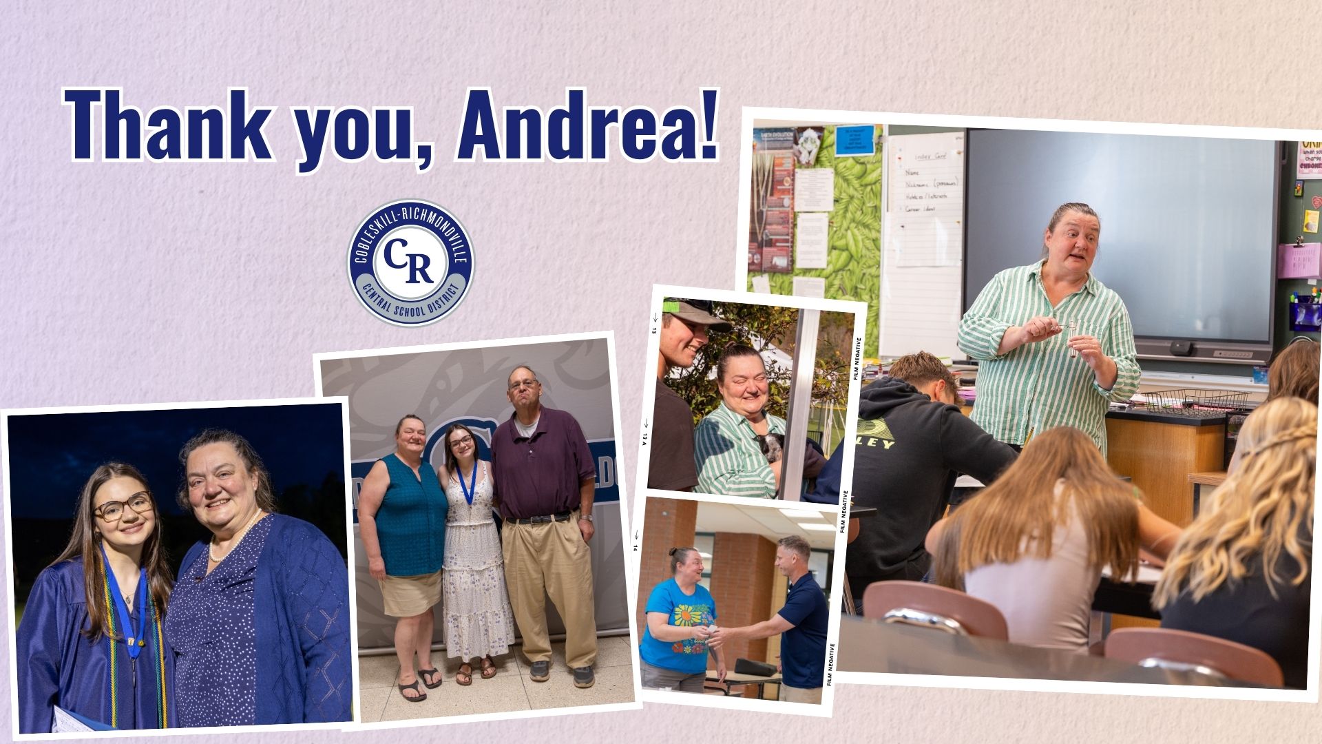 A collage of photos with the text 'Thank you, Andrea!' and a school logo.