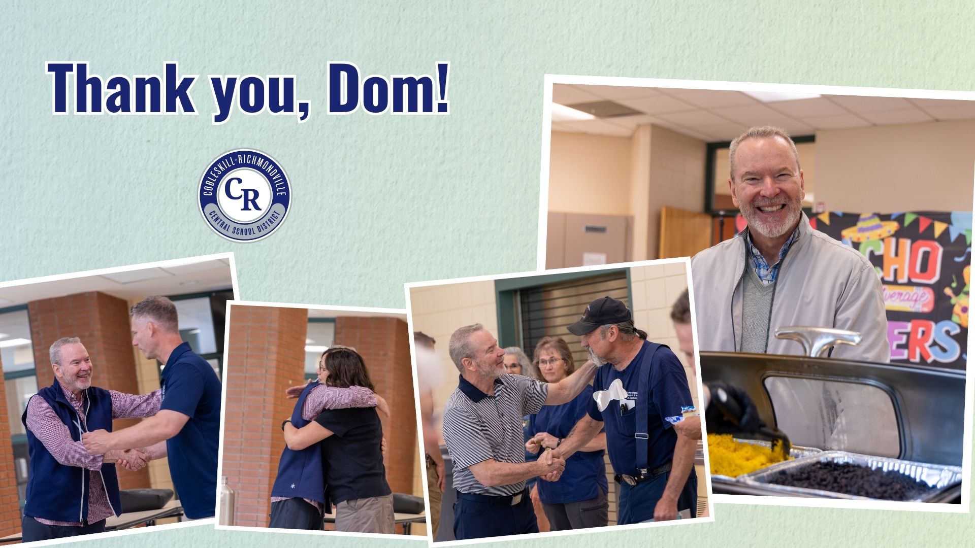 A collage of photos shows people hugging and shaking hands, with text 'Thank you, Dom!' at the top.