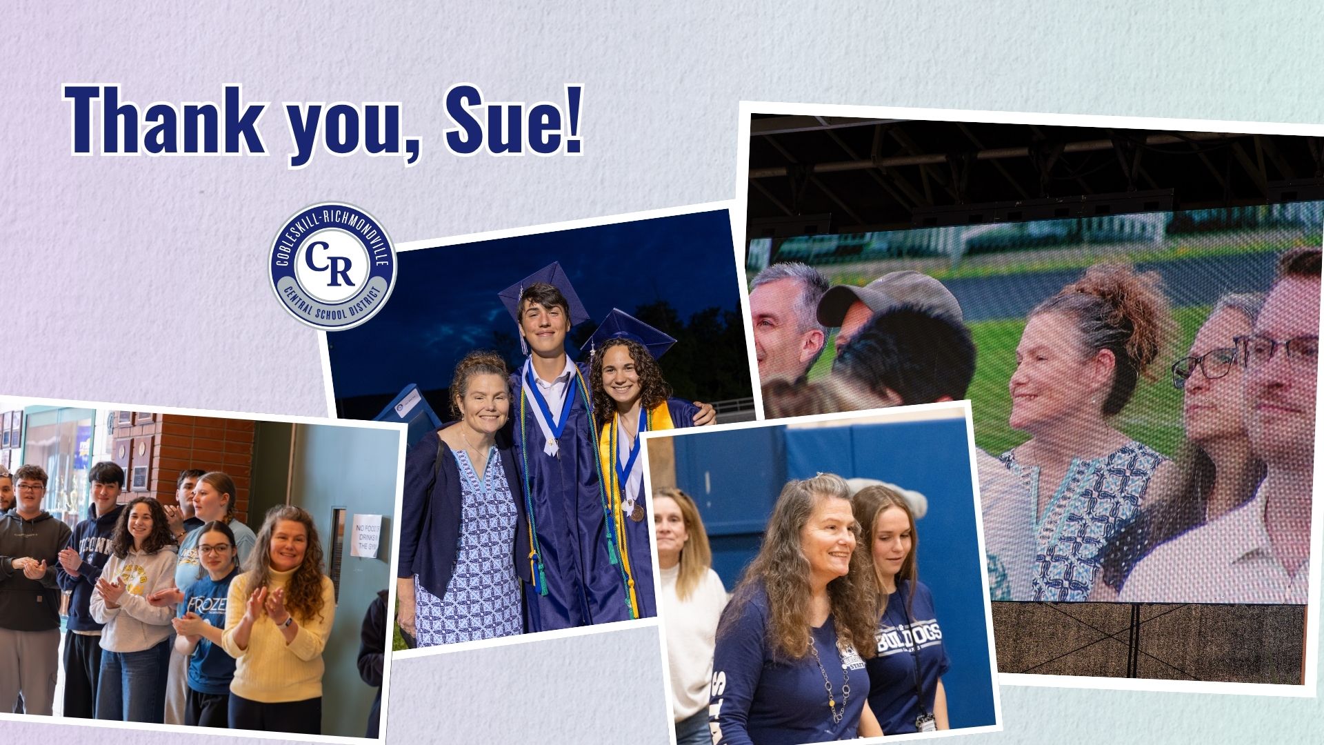 A collage of photos with the text 'Thank you, Sue!' at the top.
