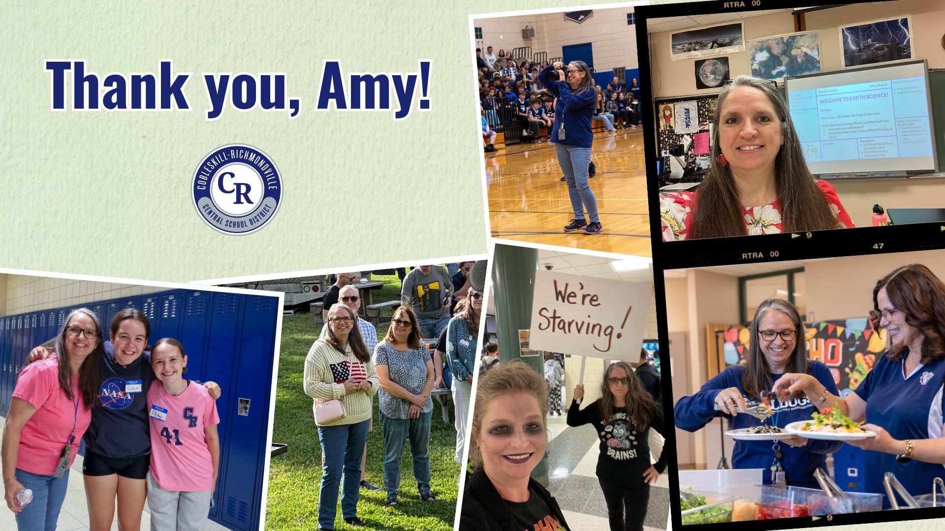 A collage of photos showing people thanking Amy, with text reading 'Thank you, Amy!'