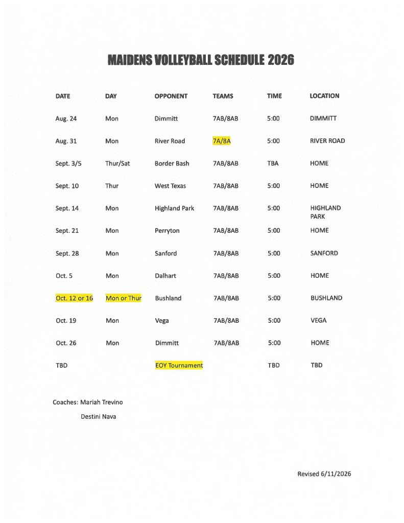A printed schedule for junior high volleyball
