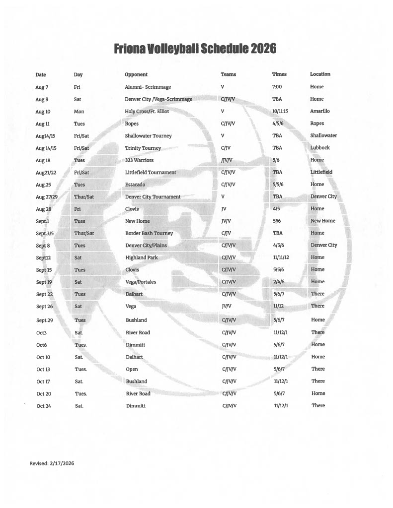 A printed schedule for the "Intense Volleyball Schedule 2020" with columns for date, time, opponent, and location.